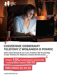 pionowy plakat zachęcający do wpłacenia 1,5% przy rozliczeniu PIT