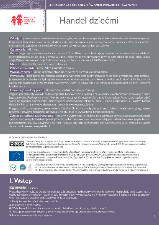 Pierwsza strona scenariusza pod tytułem "Handel dziećmi". Na środku na szarym tle wypisane główne założenia i cele.
