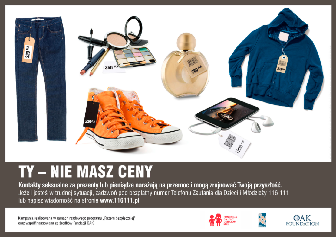 Prostokątny plakat z różnymi rzeczami codziennego użytku z metkami z ceną i pod nimi napis: Ty - nie masz ceny