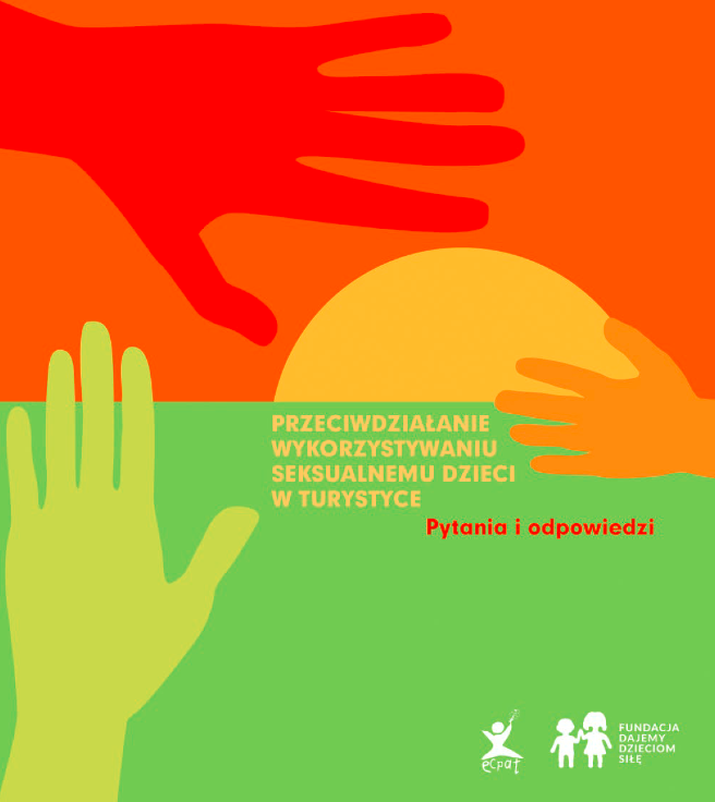 Kwadratowa pomarańczowo-zielona okładka. Z 2 dłońmi dorosłych osób i 1 dziecięcą.