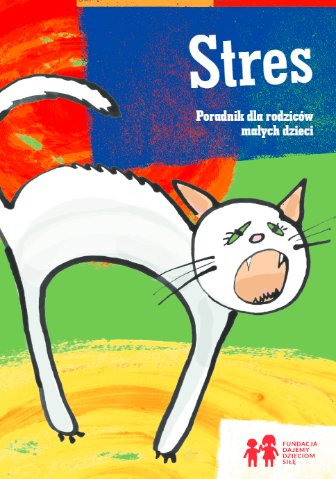 Kolorowa okładka z narysowanym kotem z otwartym szeroko pyszczkiem i zjeżoną sierścią na plecach. Napis stres.