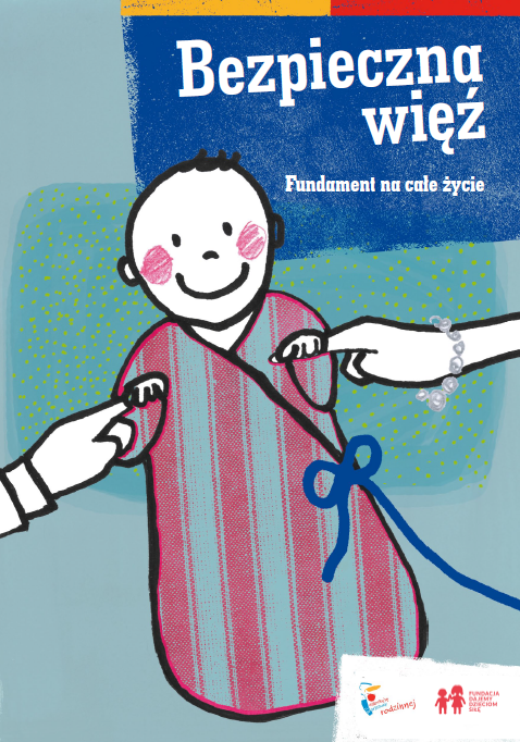 Kolorowa okładka. Na środku niczym narysowany kredką maluch w beciku i z uśmiechem na buzi. Trzyma wskazujące palce rodziców.