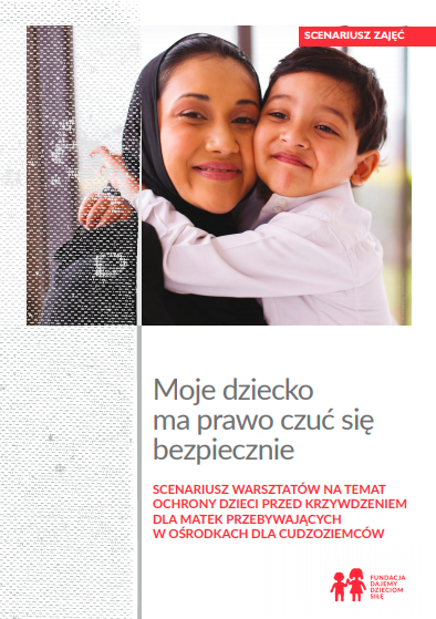 Okładka scenariusza warsztatów. Na środku zdjęcie cudzoziemskiej mamy w chuście na głowie i z synkiem ok. 4 lat na rękach.