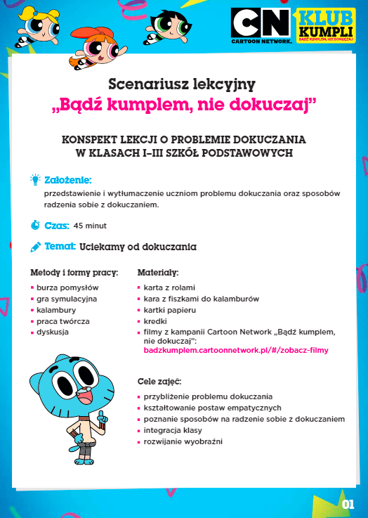Jednostronicowy scenariusz lekcji Bądź kumplem nie dokuczaj. W niebieskiej ramce. U góry logo Cartoon Network