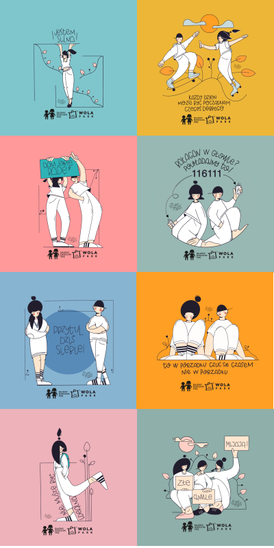 Kolorowe grafiki w ośmiu okienkach z rysunkowymi postaciami i pozytywnymi hasłami. Np. dam sobie radę, złe chwile mijają.