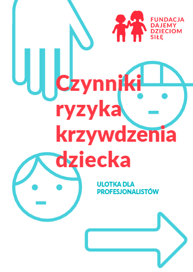 Biała ulotka niebieskie, proste rysunki, same krawędzi: dłoń, głowa chłopca i dziewczynki, strzałka. Czerwony tytuł