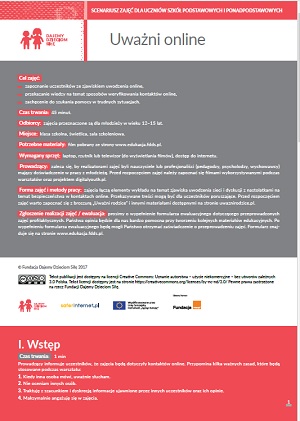 Pierwsza strona scenariusza. Szaro-czerwona. U góry biały pasek z tytułem. Szczegółowy opis zajęć. Białą czcionką