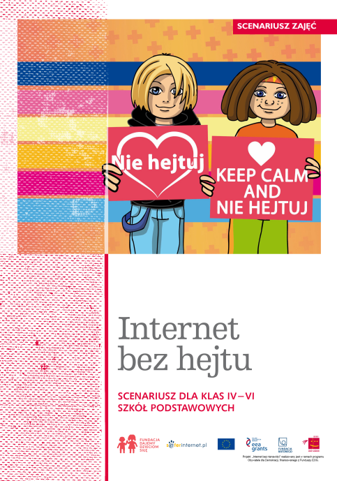 Okładka z narysowaną dwójką Sieciaków na tęczowym tle. Jeden trzyma planszę Nie hejtuj, a drugi z Keep calm and nnie hejtuj