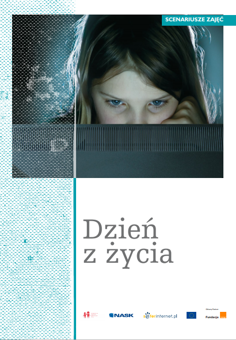 Okładka scenariusza zajęć ze zdjęciem zza monitora komputera lub laptopa. Za nim nastolatka wpatrzona w wyświetlacz