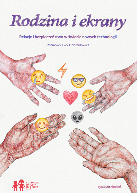 Okładka z narysowanymi 4 dłońmi, które próbują złapać kolorowe emotikony.