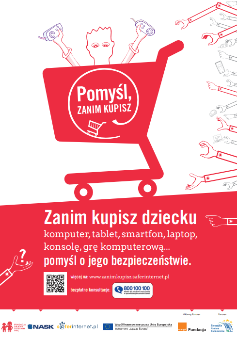 Biało czerwony obrazek. Na środku narysowany czerwony koszyk sklepowy. Z niego wygląda postać z telefonami w rękach.