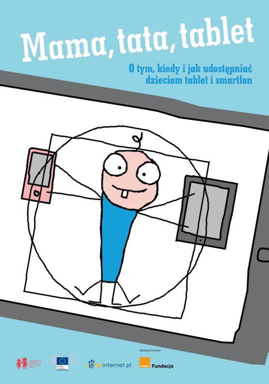 Po środku obrazek niczym kilkulatka. Prosty ludzik w okręgu i kwadracie trzymający w rączkach - kreskach tablet i telefon. 