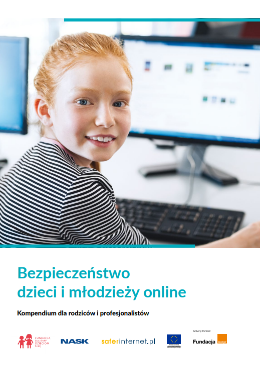 Okładka publikacji. U góry zdjęcie zajmujące ok. 3/4 wysokości. Na nim uśmiechnięta dziewczynka siedząca przed komputerem