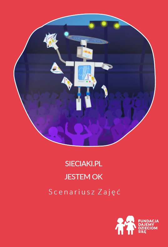 Malinowa okładka. U góry w bąblu unoszący się nad tłumem niczym helikopter Necio: komputer-robot