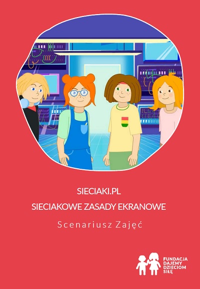Malinowa okładka. Po środku bąbel, w którym widoczna jest kreskówkowa drużyna Sieciaków - 4 dzieci