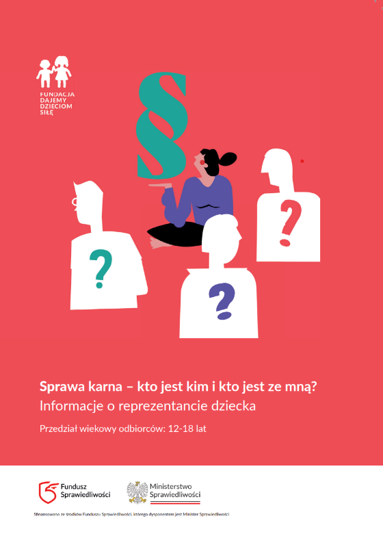 Czerwono-malinowa prostokątna pionowa okładka broszury. W centralnej części narysowana jest postać trzymającą w ręku paragraf